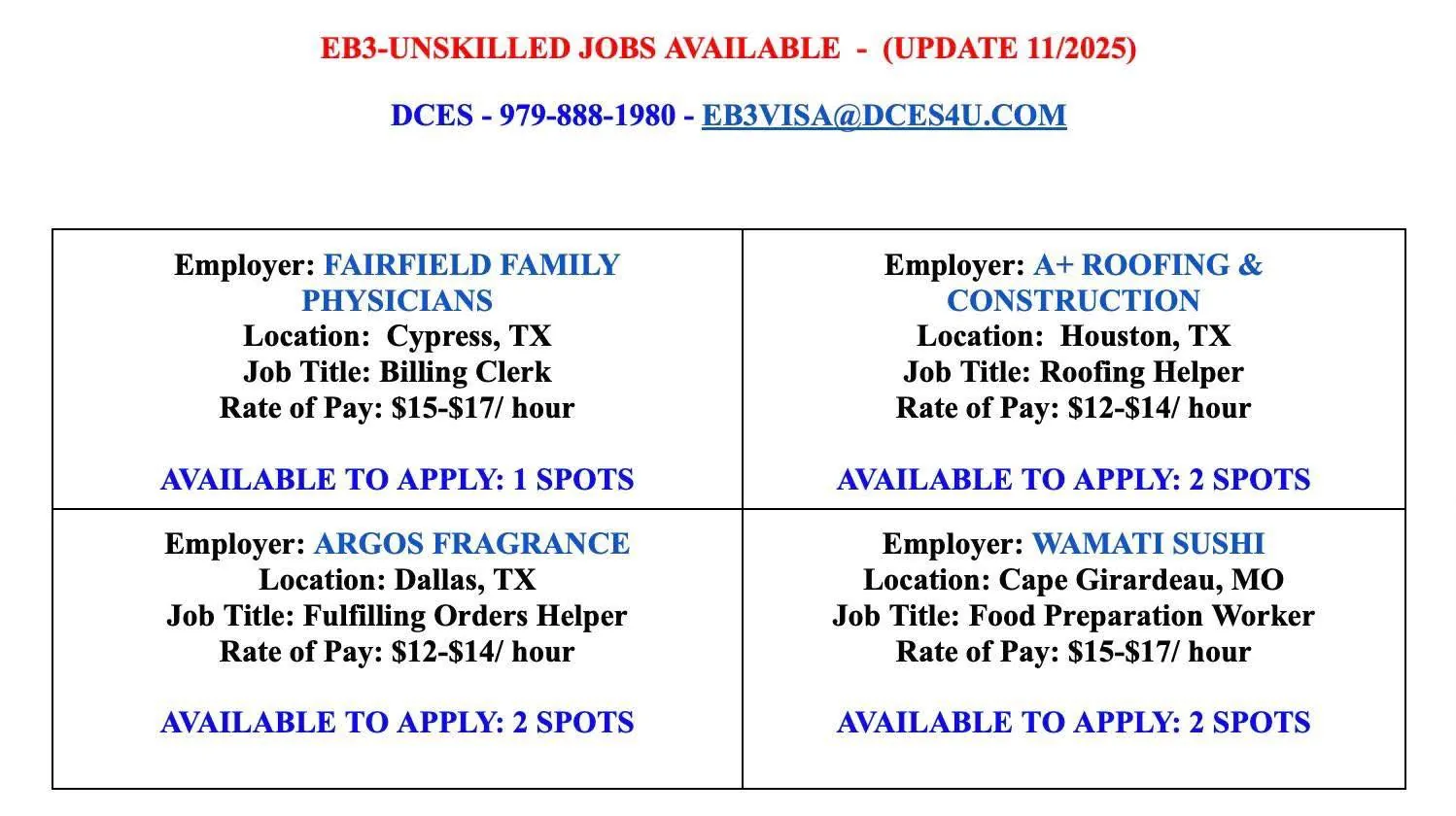 EB-3 Unskilled jobs board Nov 2025