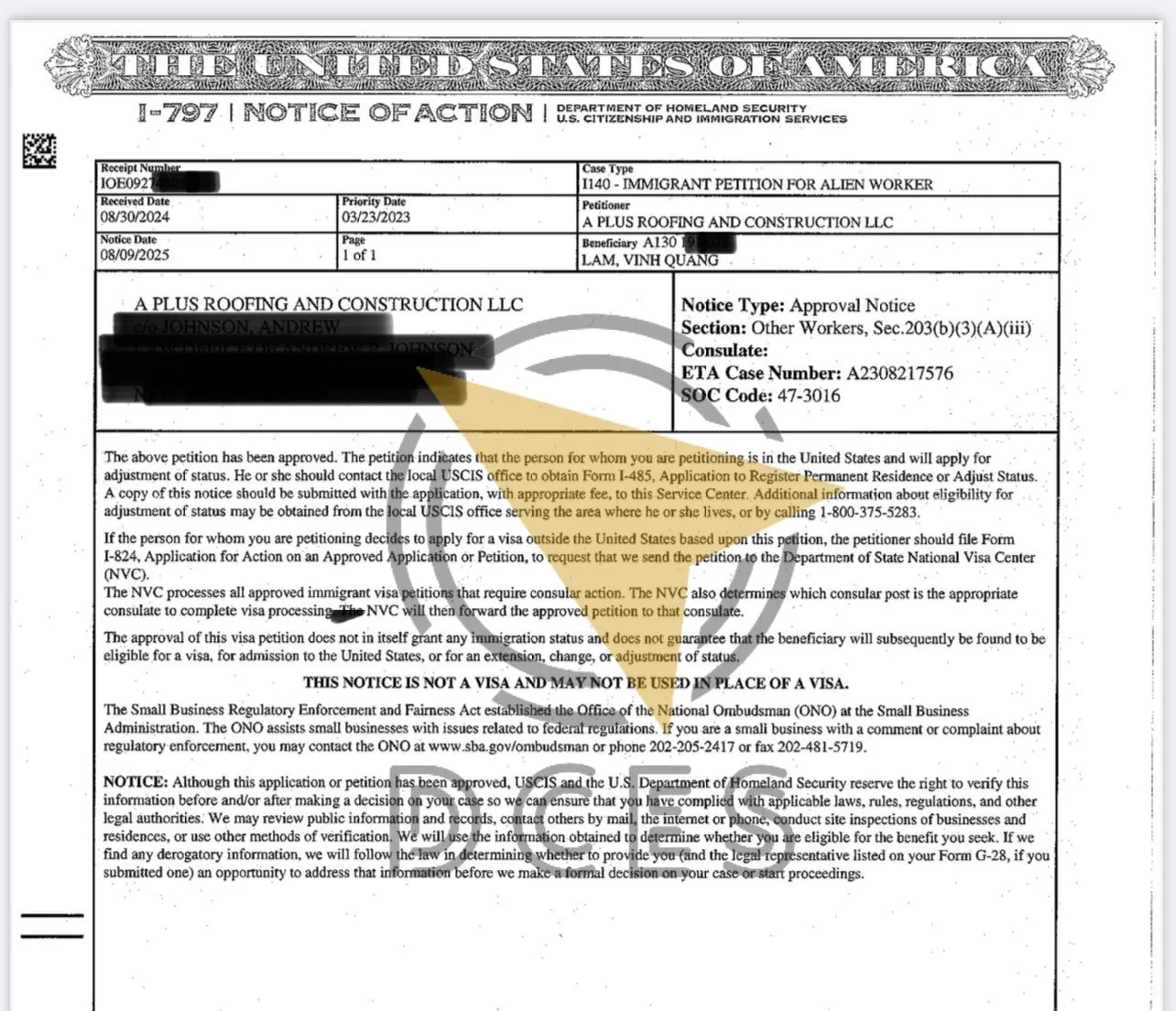 I-140 Approval Notice · Helpers–Roofers · A Plus Roofing & Construction LLC