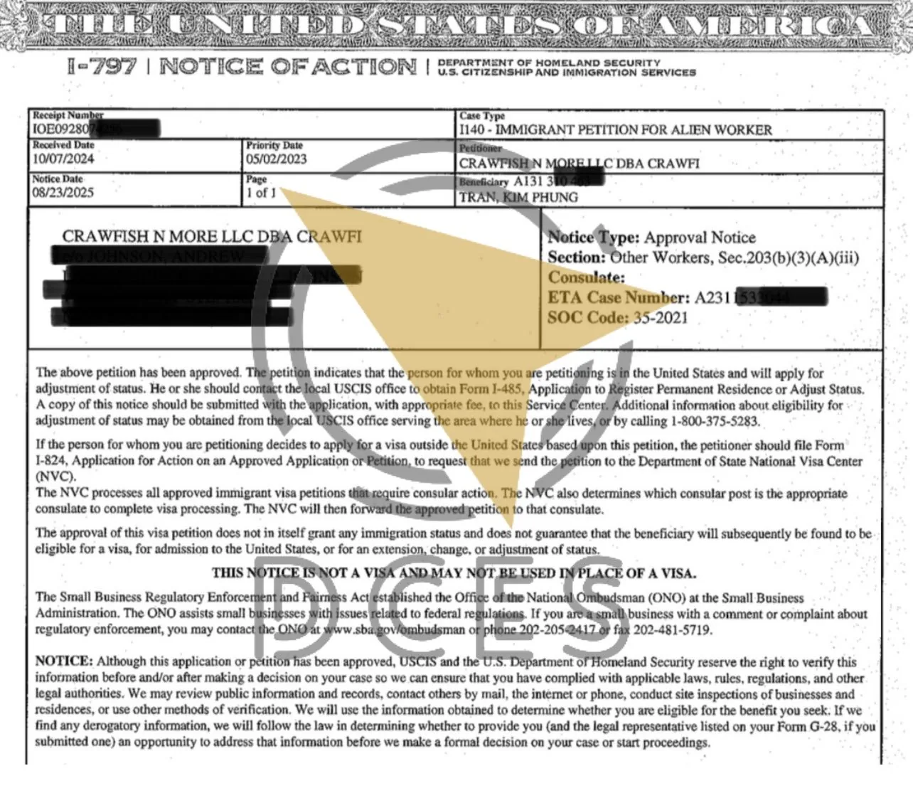 I-140 Approval Notice · Food Preparation · Crawfish N More LLC