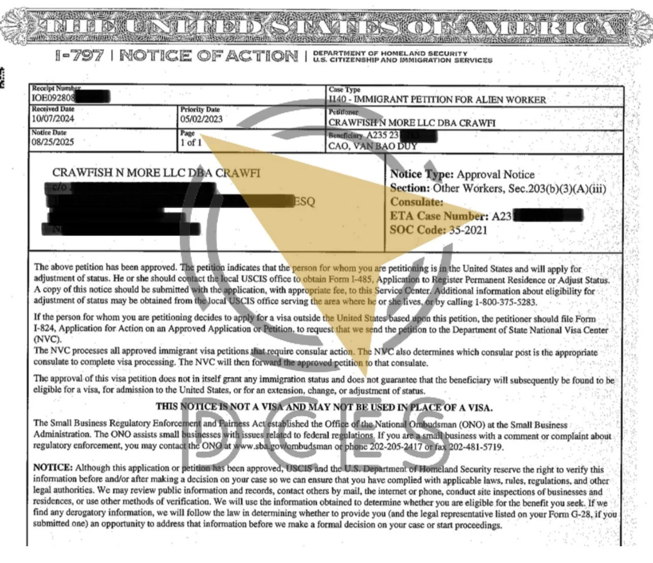 I-140 Approval Notice · Food Preparation · Crawfish N More LLC