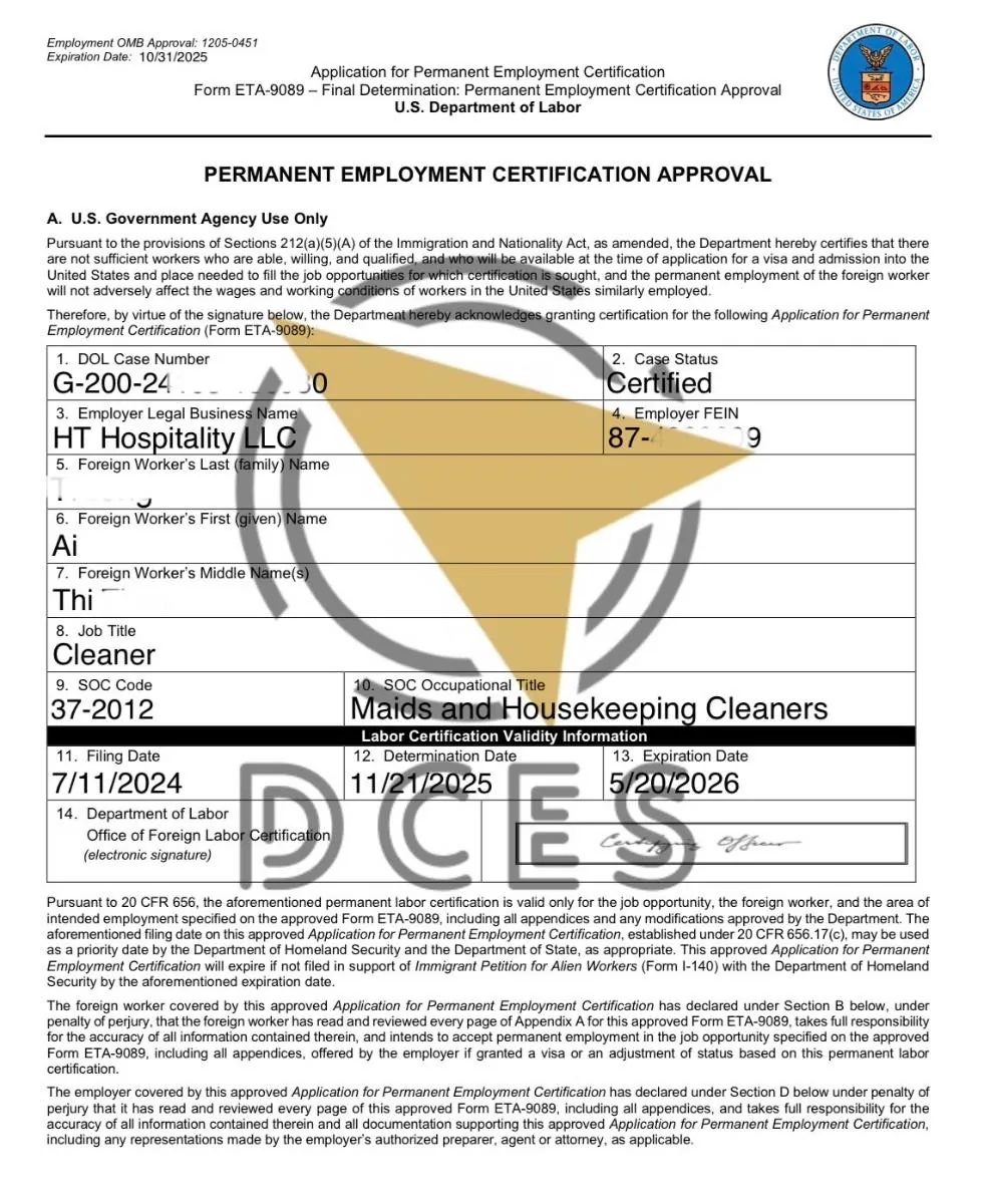 PERM Certified · Maids/Housekeeping (37-2012) · HT Hospitality LLC · ~16 tháng