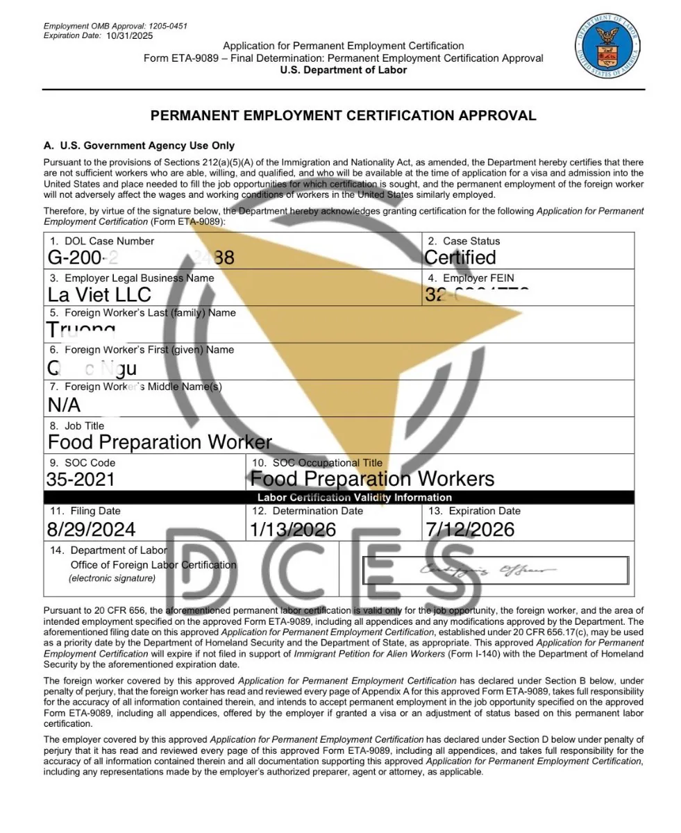 PERM Certified · Food Preparation (35-2021) · La Viet LLC · ~17 tháng