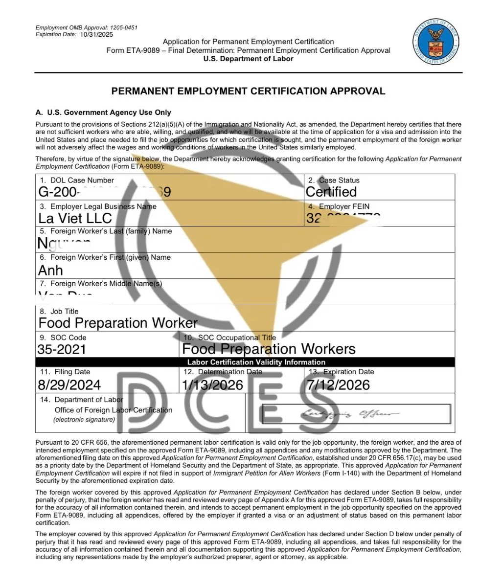 PERM Certified · Food Preparation · La Viet LLC · ~17 tháng