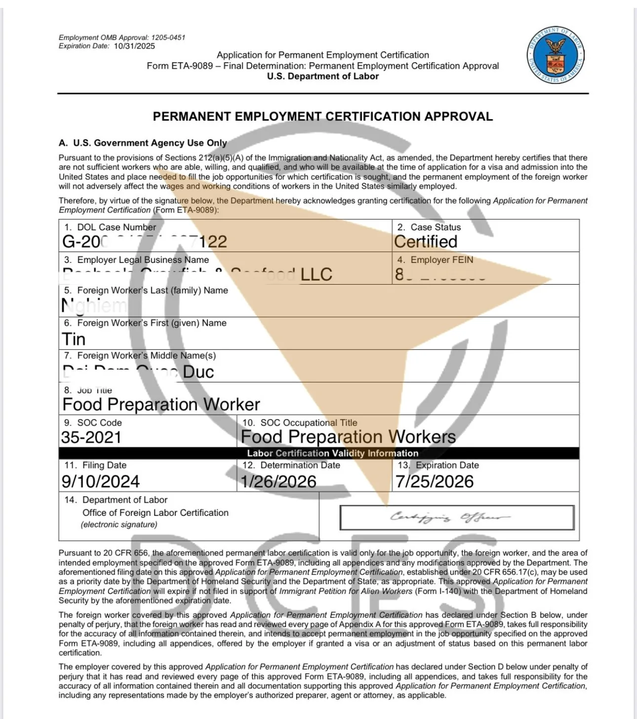 PERM Certified · Food Preparation · Rachael's Crawfish & Seafood LLC · ~16 tháng