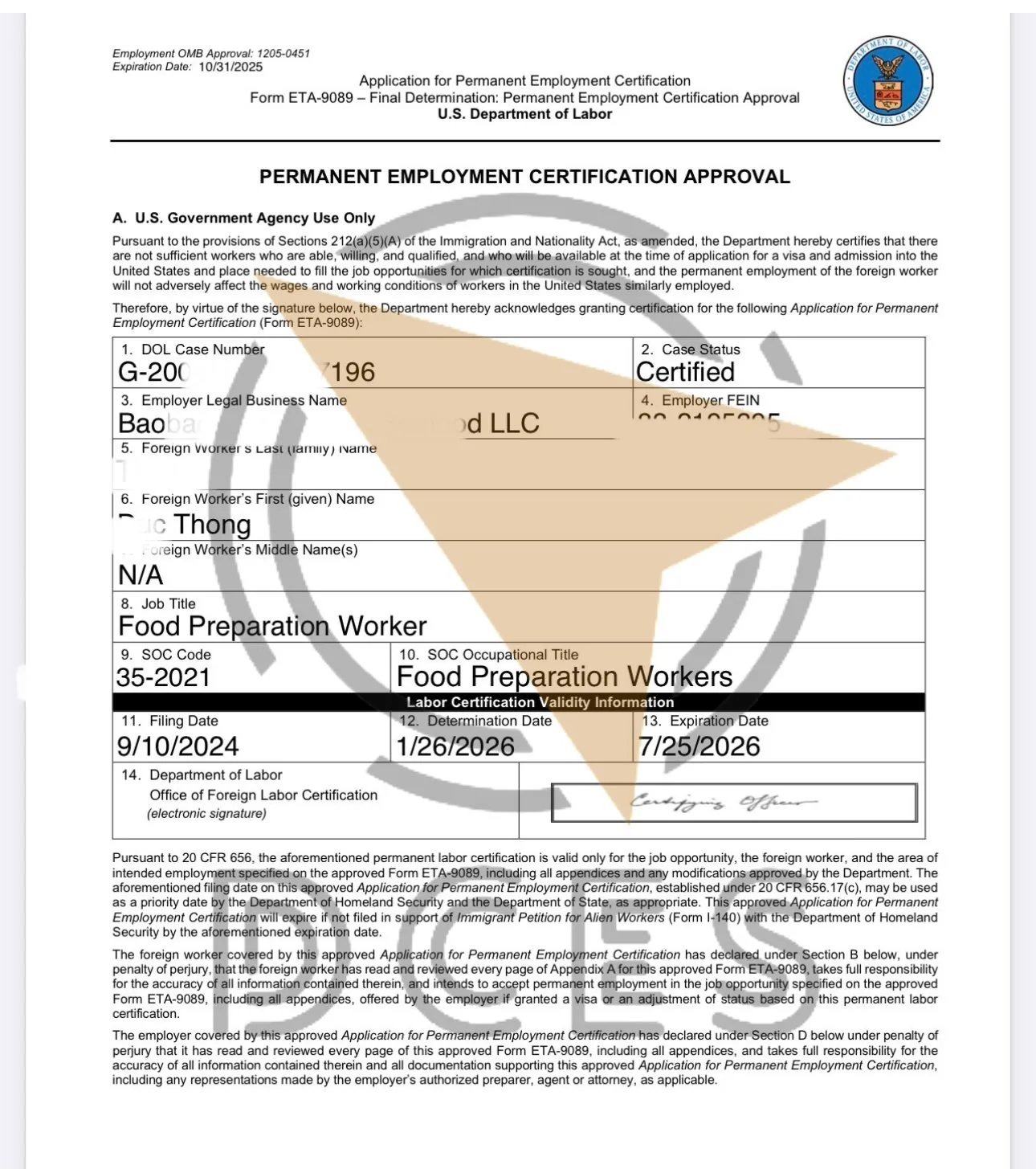 PERM Certified · Food Preparation · Rachael's Crawfish & Seafood LLC · ~16 tháng